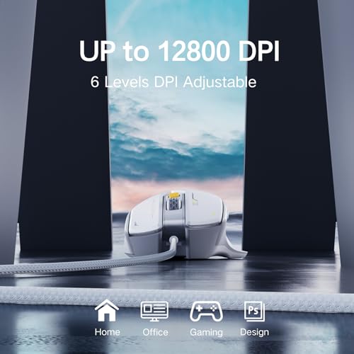 Ratón ligero con cable para juegos, 12800 DPI ajustable, 6 botones programables, 12 ratones de respiración RGB, ratón óptico USB ergonómico para juegos para PC, laptop y escritorio (blanco)