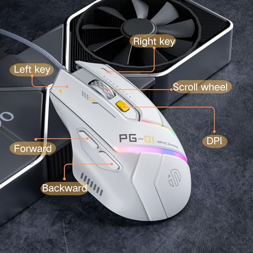 Ratón ligero con cable para juegos, 12800 DPI ajustable, 6 botones programables, 12 ratones de respiración RGB, ratón óptico USB ergonómico para juegos para PC, laptop y escritorio (blanco)