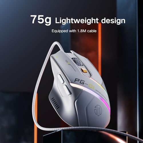 Ratón ligero con cable para juegos, 12800 DPI ajustable, 6 botones programables, 12 ratones de respiración RGB, ratón óptico USB ergonómico para juegos para PC, laptop y escritorio (blanco)
