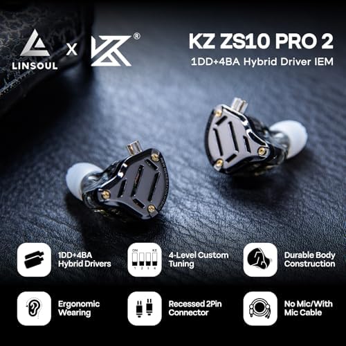 Linsoul KZ ZS10 PRO 2 In Ear Monitor IEM  1DD 4BA Hybrid Wired Earbuds  with 4 Level Tuning Switch  3 Way Crossover Gaming Earbuds  Silver plated IEM Cable for Musician Audiophile  Black  Without Mic 