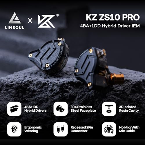 Linsoul KZ ZS10 Pro  4BA 1DD 5 Driver in Ear Monitor  HiFi Wired Earbuds  Gaming Earbuds  Hybrid IEM Earphones with Stainless Steel Faceplate  Detachable Cable for Musician with Mic  Black 