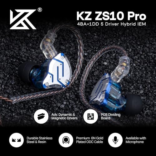 Linsoul KZ ZS10 Pro  4BA 1DD 5 Driver in Ear Monitor  HiFi Wired Earbuds  Gaming Earbuds  Hybrid IEM Earphones with Stainless Steel Faceplate  Detachable Cable for Musician with Mic  Black 