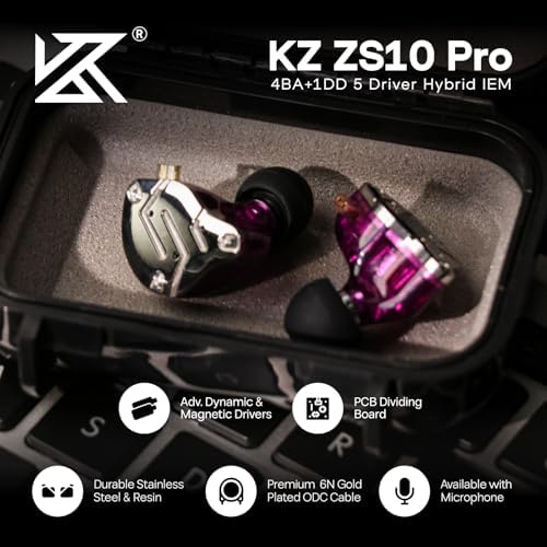 Linsoul KZ ZS10 Pro  4BA 1DD 5 Driver in Ear Monitor  HiFi Wired Earbuds  Gaming Earbuds  Hybrid IEM Earphones with Stainless Steel Faceplate  Detachable Cable for Musician with Mic  Black 