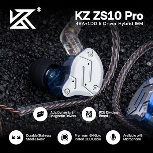 Linsoul KZ ZS10 Pro  4BA 1DD 5 Driver in Ear Monitor  HiFi Wired Earbuds  Gaming Earbuds  Hybrid IEM Earphones with Stainless Steel Faceplate  Detachable Cable for Musician with Mic  Black 