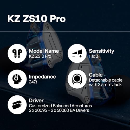 Linsoul KZ ZS10 Pro  4BA 1DD 5 Driver in Ear Monitor  HiFi Wired Earbuds  Gaming Earbuds  Hybrid IEM Earphones with Stainless Steel Faceplate  Detachable Cable for Musician with Mic  Black 