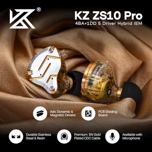 Linsoul KZ ZS10 Pro  4BA 1DD 5 Driver in Ear Monitor  HiFi Wired Earbuds  Gaming Earbuds  Hybrid IEM Earphones with Stainless Steel Faceplate  Detachable Cable for Musician with Mic  Black 