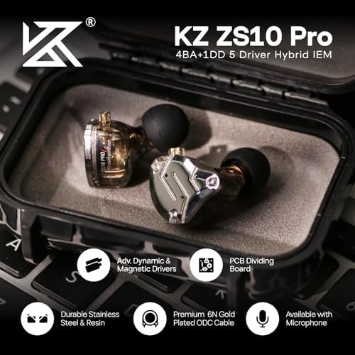 Linsoul KZ ZS10 Pro  4BA 1DD 5 Driver in Ear Monitor  HiFi Wired Earbuds  Gaming Earbuds  Hybrid IEM Earphones with Stainless Steel Faceplate  Detachable Cable for Musician with Mic  Black 