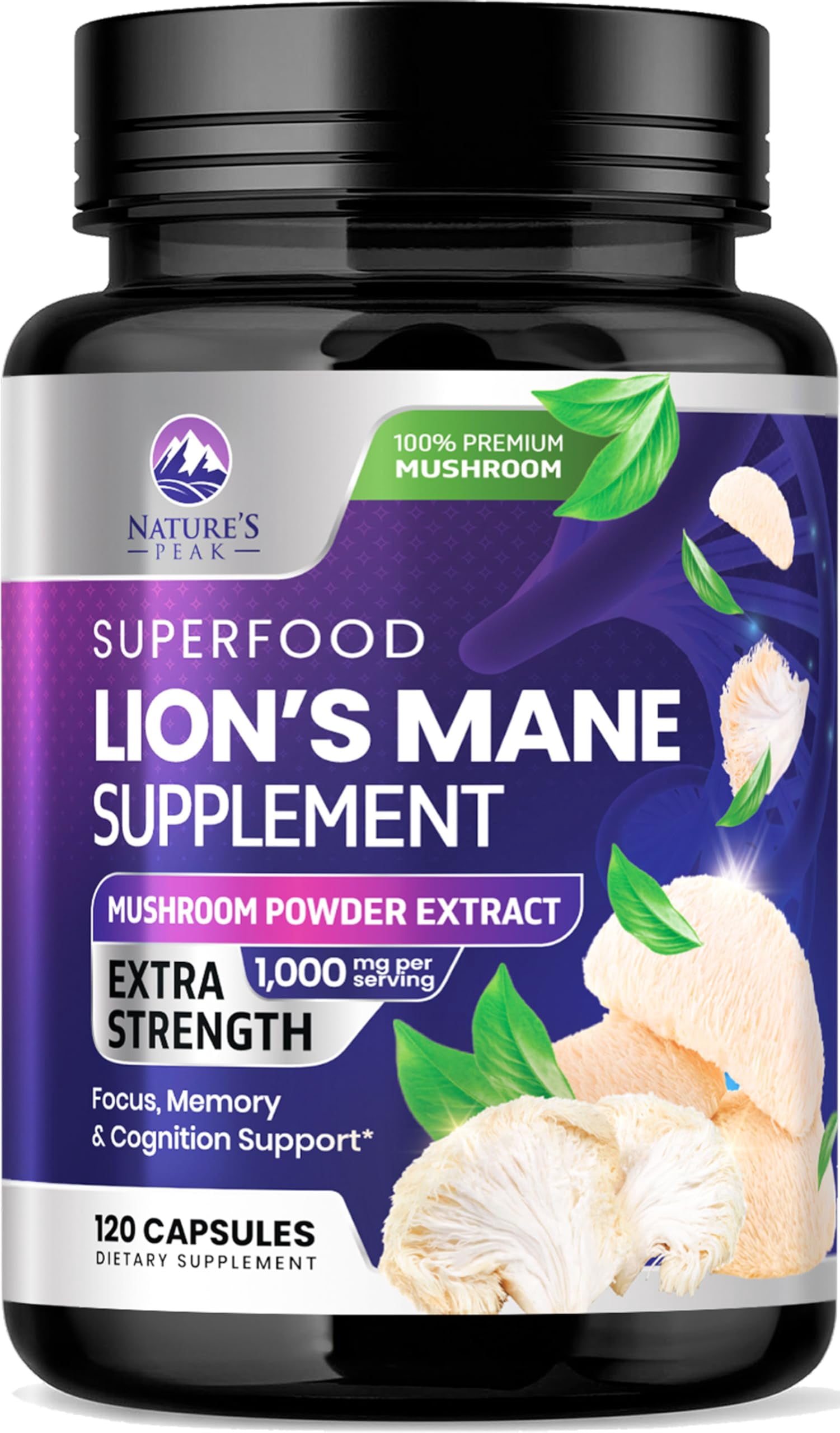 Lions Mane Supplement   Lions Mane 1000mg Per Serving   Extra Strength Lion s Mane Mushroom   Superfood for Natural Memory & Focus Support  Brain  Immune Health Support   USA Bottled   120 Capsules
