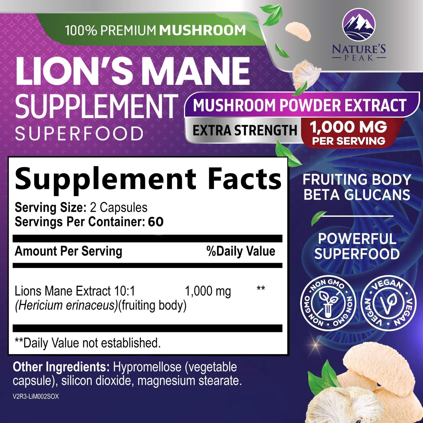 Lions Mane Supplement   Lions Mane 1000mg Per Serving   Extra Strength Lion s Mane Mushroom   Superfood for Natural Memory & Focus Support  Brain  Immune Health Support   USA Bottled   120 Capsules