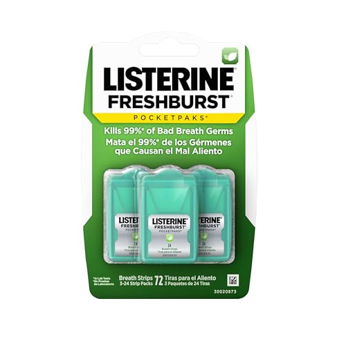 Listerine PocketPaks Cool Mint Breath Strips  Portable Pocket Sized Oral Care Mouth Freshener  Dissolving Strips Kill 99  of Bad Breath Germs  Sugar Free  3 x 24 Strip Packs