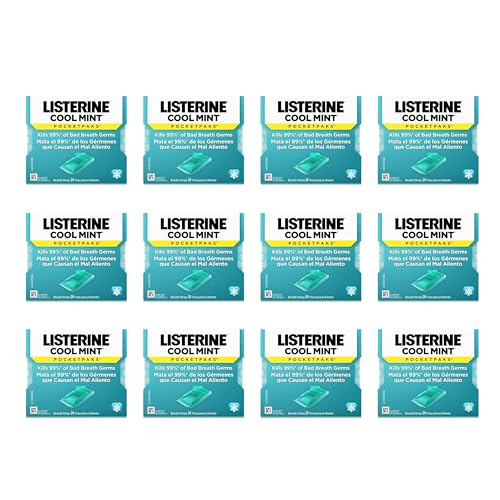 Listerine PocketPaks Cool Mint Breath Strips  Portable Pocket Sized Oral Care Mouth Freshener  Dissolving Strips Kill 99  of Bad Breath Germs  Sugar Free  3 x 24 Strip Packs