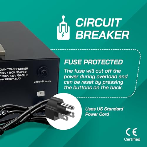 LiteFuze 2000 Watt Japan Voltage Converter Transformer Step Up/Down   100v to 120v / 120v to 100v Japanese Power Converter   Fully Grounded Cord CE Certified