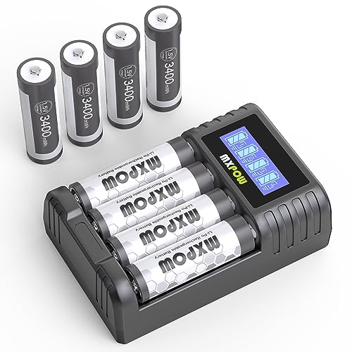 Lithium Batteries AA 8 Pack with Charger  3400mWh High Power Lithium 1 5V Rechargeable Li ion Batteries AA 1400  Cycles  LCD Charger 8Pack 3400mWh