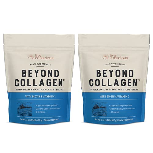Live Conscious Beyond Collagen Multi Collagen Powder   Types I  II  III  V & X   Keto Friendly  Hydrolyzed Blend with Biotin & Vitamin C  2 Pack
