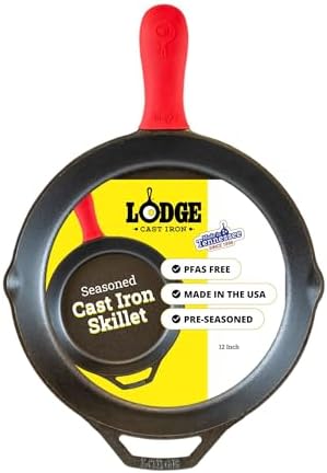 Lodge Seasoned Cast Iron Skillet 12 Inches   Quality Frying Pan for the Stove  Oven  Grill & Campfire   Includes Silicone Hot Handle Holder   Non Toxic  Nonstick & Long Lasting