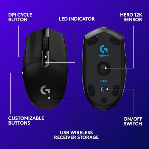 Logitech G305 LIGHTSPEED Wireless Gaming Mouse  Hero 12K Sensor  12 000 DPI  Lightweight  6 Programmable Buttons  250h Battery Life  On Board Memory  PC/Mac   Black
