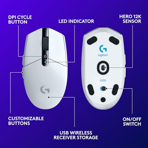 Logitech G305 LIGHTSPEED Wireless Gaming Mouse  Hero 12K Sensor  12 000 DPI  Lightweight  6 Programmable Buttons  250h Battery Life  On Board Memory  PC/Mac   White