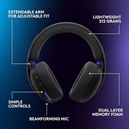Logitech G Auriculares inalámbricos Bluetooth 325 Lightspeed para juegos, comodidad durante todo el día, micrófono integrado con reducción de ruido, audio de 24 bits, duración de la batería de más de 24 horas, para PC, PlayStation, Switch, móvil, negro