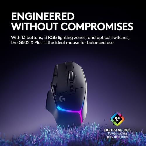 Logitech G502 X Plus Wireless Gaming Mouse  Optical Switches  LIGHTSYNC RGB  13 Buttons  Infinite Scroll Toggle  <130 hr Battery Life  USB C  PowerPlay Wireless Charging Capable  for PC/MacOS   Black