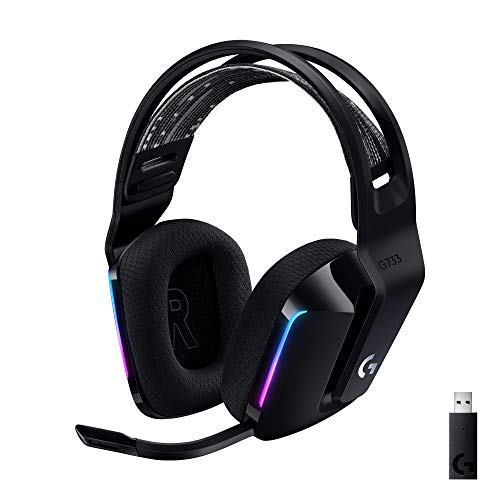 Logitech G 733 Lightspeed - Auriculares inalámbricos para juegos con diadema de suspensión, LIGHTSYNC RGB, tecnología de micrófono azul VO!CE y controladores de audio PRO-G, color negro (renovado)