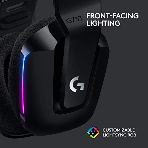 Logitech G 733 Lightspeed - Auriculares inalámbricos para juegos con diadema de suspensión, LIGHTSYNC RGB, tecnología de micrófono azul VO!CE y controladores de audio PRO-G, color negro (renovado)