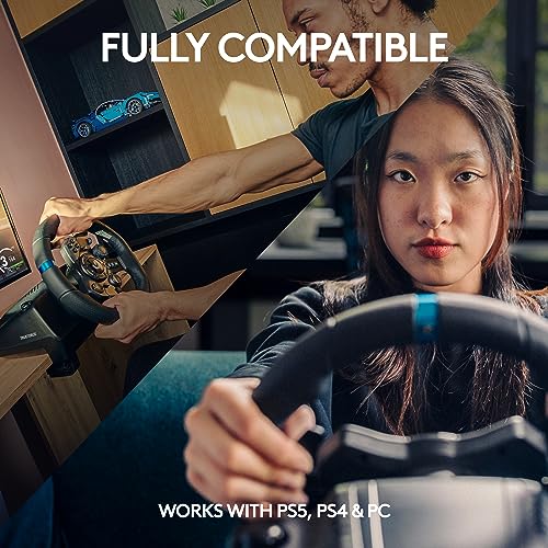 Logitech G923 Racing Wheel and Pedals  TRUEFORCE up to 1000 Hz Force Feedback  Gaming Steering Wheel PS5  PS4  PC  Mac  Genuine Leather  Black