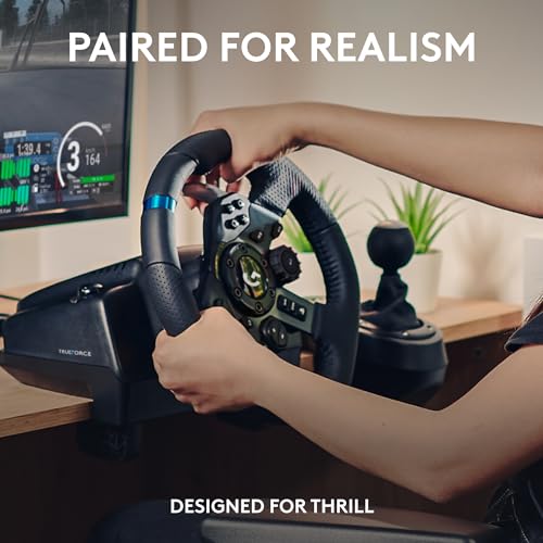 Logitech G923 Racing Wheel and Pedals  TRUEFORCE up to 1000 Hz Force Feedback  Gaming Steering Wheel PS5  PS4  PC  Mac  Genuine Leather  Black