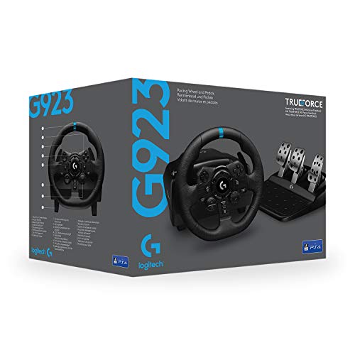 Logitech G923 Racing Wheel and Pedals  TRUEFORCE up to 1000 Hz Force Feedback  Gaming Steering Wheel PS5  PS4  PC  Mac  Genuine Leather  Black