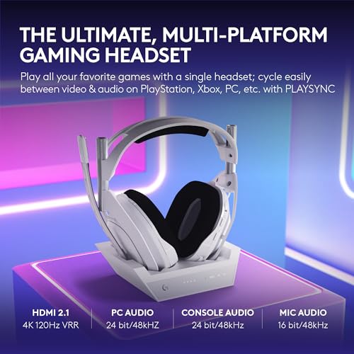 Logitech G Astro A50 X Omni Platform Wireless Gaming Headset   Base Station for PS5  Xbox  PC  PLAYSYNC Video & Audio Switcher  HDMI 2 1 4K 120Hz VRR  <24 bit/48 kHz  24hr Battery  2 4GHz & BT   White