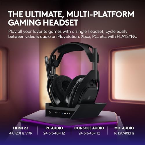 Logitech G Astro A50 X Omni Platform Wireless Gaming Headset   Base Station for PS5  Xbox  PC  PLAYSYNC Video & Audio Switcher  HDMI 2 1 4K 120Hz VRR  <24 bit/48 kHz  24hr Battery  2 4GHz & BT   Black