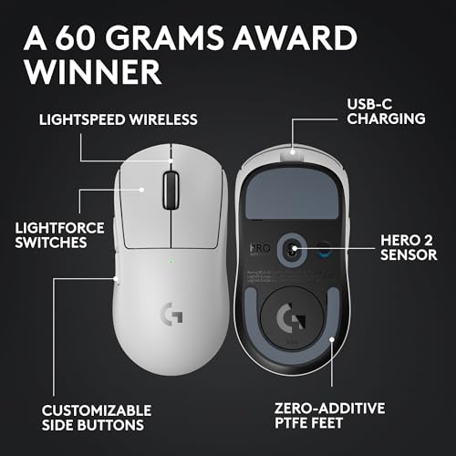 Logitech G PRO X SUPERLIGHT 2 Wireless Gaming Mouse 60g Pro Grade with 5 Programmable Buttons 44k DPI Sensor 8kHz Report Rate USB C Charging for PC/Mac White