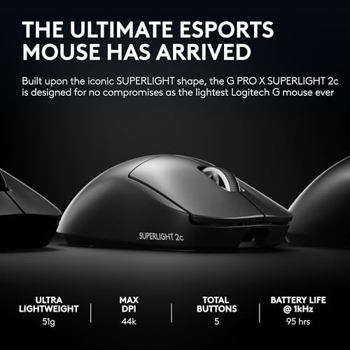 Logitech G PRO X SUPERLIGHT 2 Wireless Gaming Mouse  60g Pro Grade with 5 Programmable Buttons  44k DPI Sensor  8kHz Report Rate  USB C Charging for PC/Mac   Black