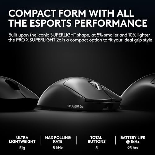 Logitech G PRO X Superlight 2c Wireless Gaming Mouse  51 g pro Grade Compact Mouse with 5 programmable Buttons  USB C Charging  44K DPI Sensor  up to 8 kHz Polling for PC/Mac   Black