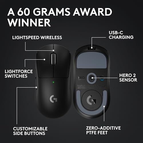 Logitech G PRO X Superlight 2 Wireless Gaming Mouse  60g Pro Grade with 5 Programmable Buttons  44k DPI Sensor  8kHz Report Rate  USB C Charging for PC/Mac   Black