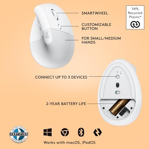 Logitech Lift Vertical Ergonomic Mouse  Wireless  Bluetooth or Logi Bolt USB Receiver  Quiet clicks  4 Buttons  Compatible with Windows/macOS/iPadOS  Laptop  PC   Off White