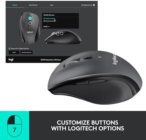 Logitech M705 Marathon Wireless Mouse  Gaming Mouse Wireless  2 4 GHz USB A Receiver  5 Programmable Buttons  3 Year Battery  PC  Mac  Laptop  Chromebook   Black
