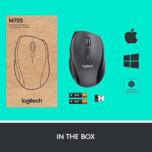 Logitech M705 Marathon Wireless Mouse  Gaming Mouse Wireless  2 4 GHz USB A Receiver  5 Programmable Buttons  3 Year Battery  PC  Mac  Laptop  Chromebook   Black