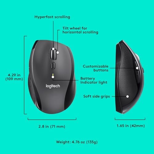 Logitech M705 Marathon Wireless Mouse  Gaming Mouse Wireless  2 4 GHz USB A Receiver  5 Programmable Buttons  3 Year Battery  PC  Mac  Laptop  Chromebook   Black