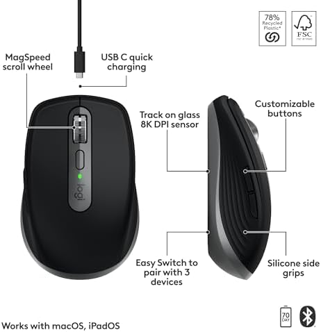 Logitech MX Anywhere 3S for Mac  Compact Wireless Bluetooth Mouse  8K DPI Any Surface Tracking  Quiet Clicks  USB C  Wireless Mouse for MacBook Pro  MacBook Air  iMac  iPad   Space Grey