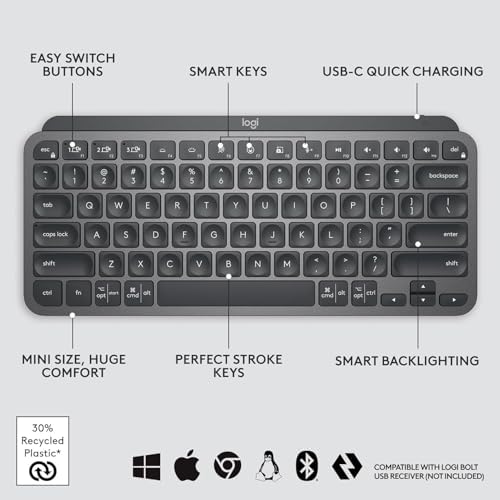 Logitech MX Keys Mini Minimalist Wireless Illuminated Keyboard  Compact  Bluetooth  Backlit  USB C  Compatible with Apple macOS  iOS  Windows  Linux  Android  Metal Build   Graphite