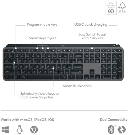 Logitech MX Keys Mini Minimalist Wireless Illuminated Keyboard  Compact  Bluetooth  Backlit  USB C  Compatible with Apple macOS  iOS  Windows  Linux  Android  Metal Build   Graphite