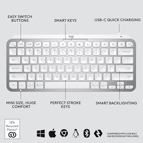 Logitech MX Keys Mini Minimalist Wireless Illuminated Keyboard  Compact  Bluetooth  Backlit  USB C  Compatible with Apple macOS  iOS  Windows  Linux  Android  Metal Build   Graphite
