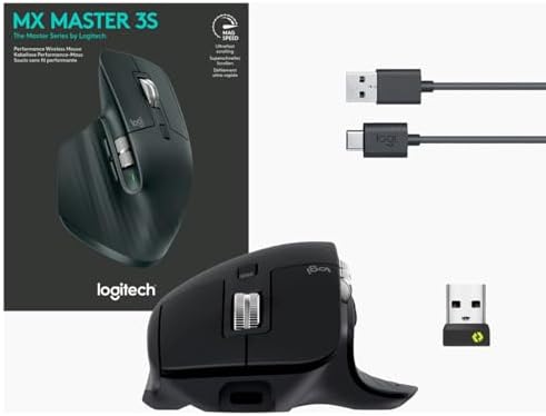 Logitech MX Master 3S   Wireless Performance Mouse with Ultra Fast Scrolling  Ergo  8K DPI  Track on Glass  Quiet Clicks  USB C  Bluetooth  Windows  Linux  Chrome  Black 