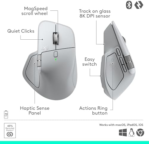 Logitech MX Master 4 for Mac  Ergonomic Bluetooth Mouse with Advanced Performance Haptic Feedback  Ultra Fast Scrolling  USB C Charging  MacOS  iPadOS  Windows   White Silver