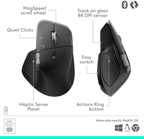 Logitech MX Master 4 for Mac  Ergonomic Bluetooth Mouse with Advanced Performance Haptic Feedback  Ultra Fast Scrolling  USB C Charging  MacOS  iPadOS  Windows   Space Black