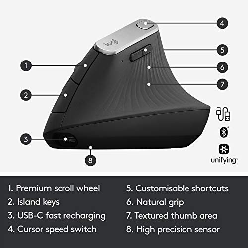 Logitech MX Vertical Wireless Mouse   Ergonomic Design Reduces Muscle Strain  Move Content Between 3 Windows and Apple Computers  Rechargeable  Graphite
