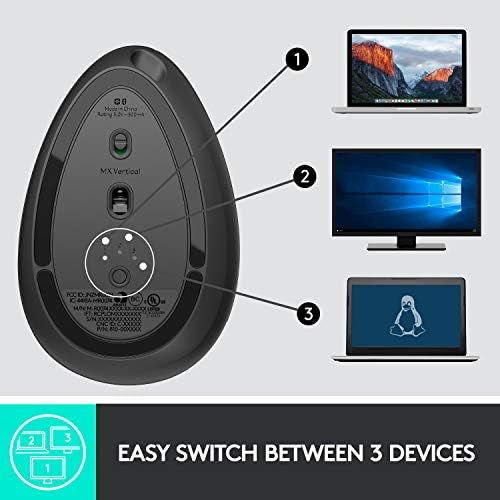 Logitech MX Vertical Wireless Mouse   Ergonomic Design Reduces Muscle Strain  Move Content Between 3 Windows and Apple Computers  Rechargeable  Graphite