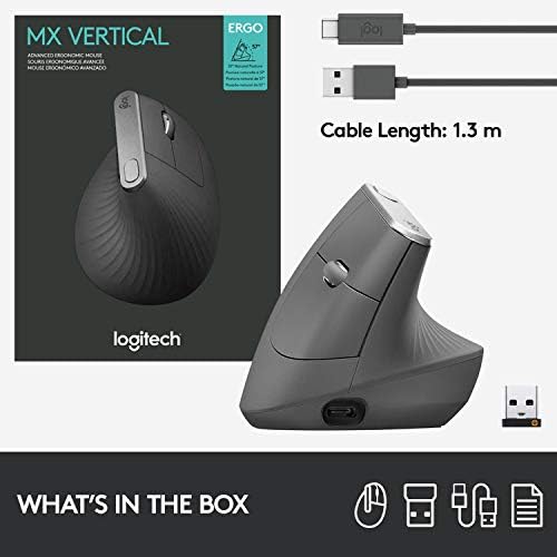 Logitech MX Vertical Wireless Mouse   Ergonomic Design Reduces Muscle Strain  Move Content Between 3 Windows and Apple Computers  Rechargeable  Graphite