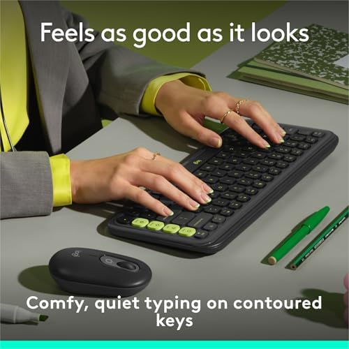 Logitech POP ICON Keys Wireless Bluetooth Keyboard  Comfortable Typing  Programmable Keys  Easy Switch Between up to 3 Devices  for Laptop  Tablet  PC   Graphite and Green