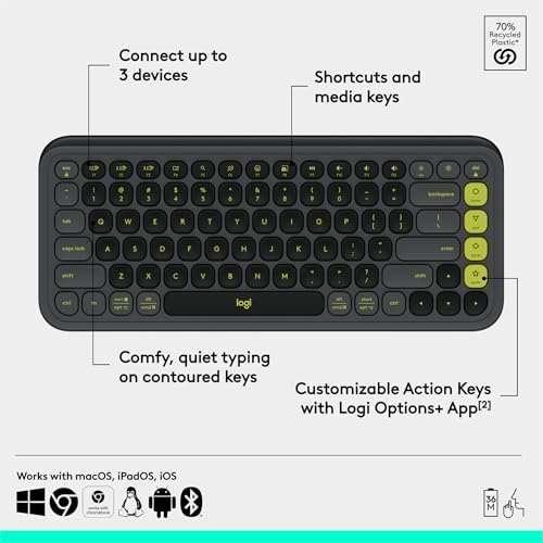 Logitech POP ICON Keys Wireless Bluetooth Keyboard  Comfortable Typing  Programmable Keys  Easy Switch Between up to 3 Devices  for Laptop  Tablet  PC   Graphite and Green